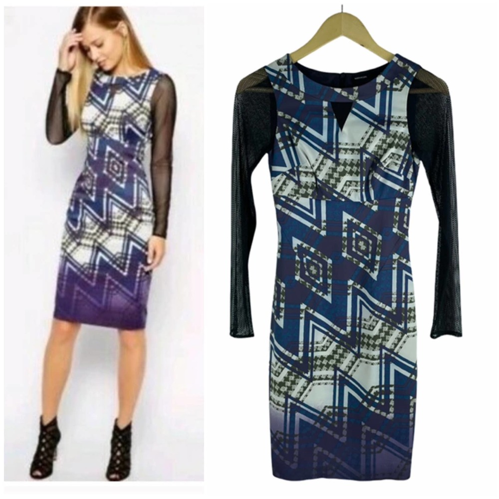 Karen Millen Zigzag Pencil Dress Mesh Sleeve Blue Black Size 4